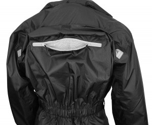 Photo showing back vent on Solo Storm Jacket in Black on white background